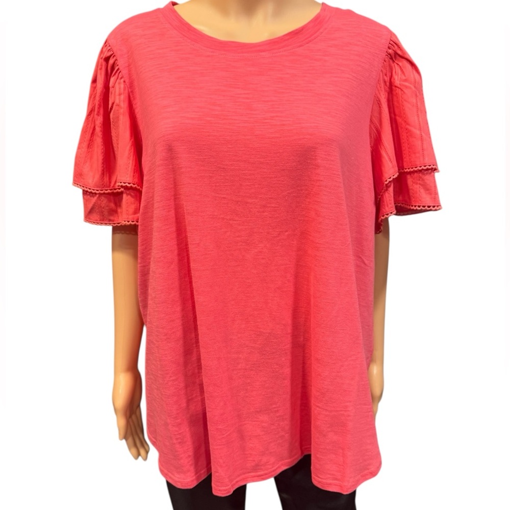 JANE & DELANCEY Vibrant Coral Double Ruffle Short Sleeve Cotton Blouse NWT 1X